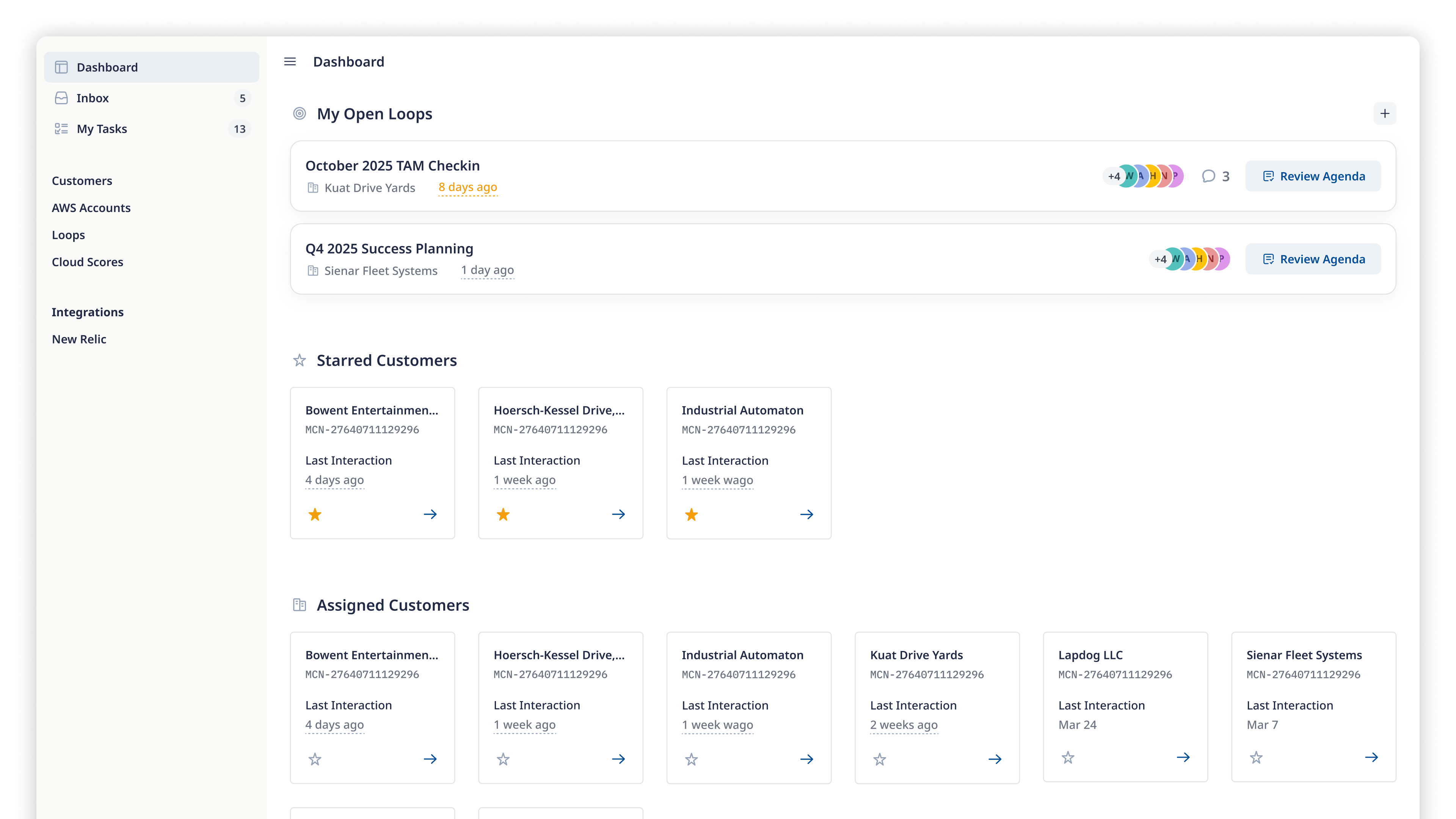The Atlas dashboard showing a personalized overview of customer activity, assigned work, and recent updates